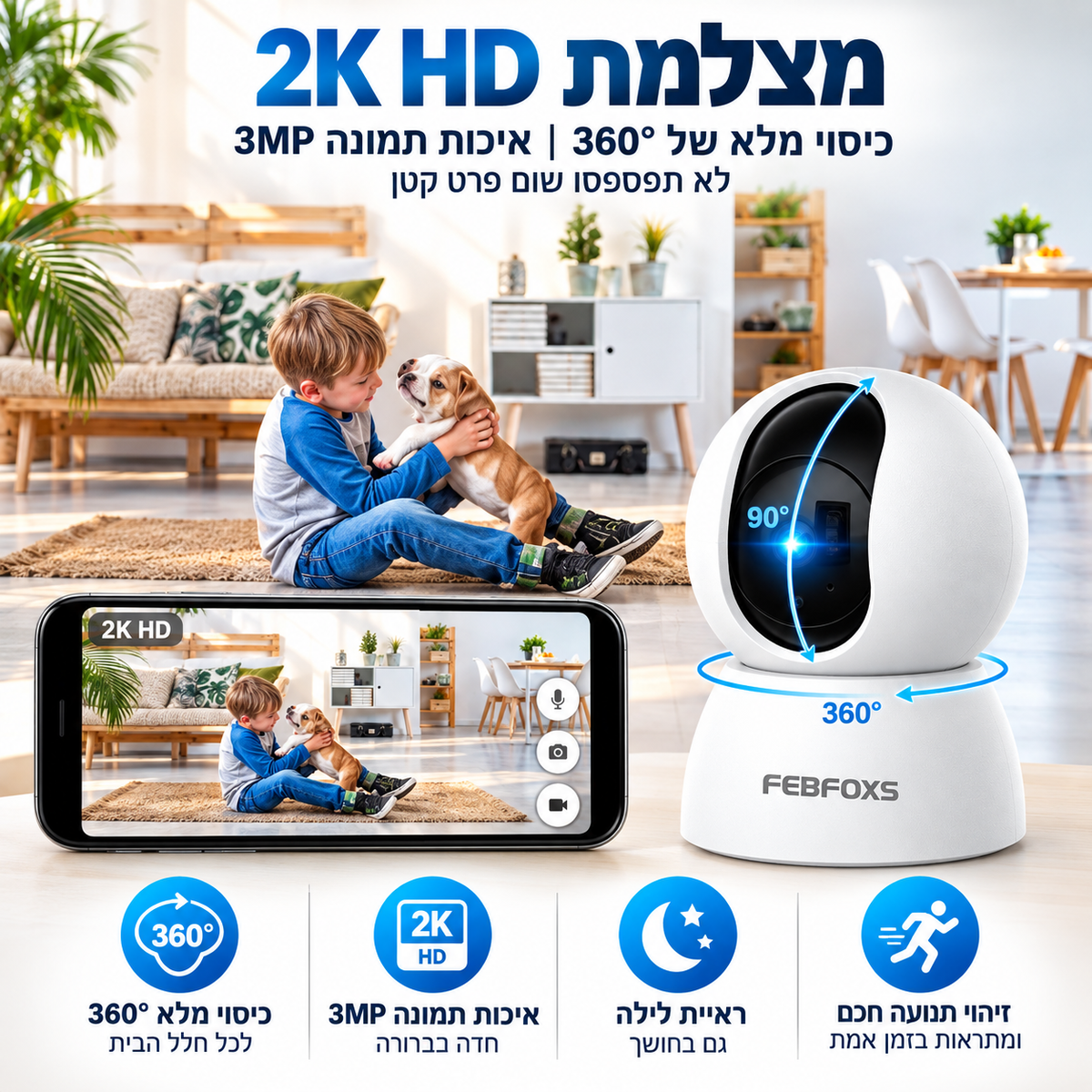 מצלמת אבטחה פנימית לתינוק, לניטור ולשמירה על ביטחון הבית.